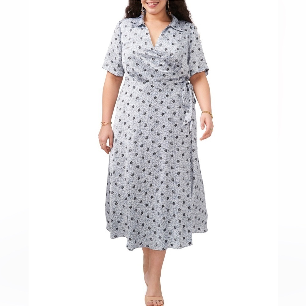 Vince Camuto Light Blue Leaf Print Elbow Length Sleeves Wrap Maxi Dress Large